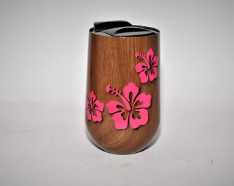 Custom wine glass woodgrain wine glass w/ hibiscus image, vacuum insulated wine glass yeti style wine glass