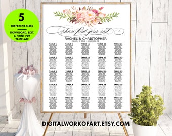 Wedding Seating Chart Template ,DIY Floral Rustic Wedding Seating Chart Poster Printable, Editable PDF template, find your seat, boho,#RC