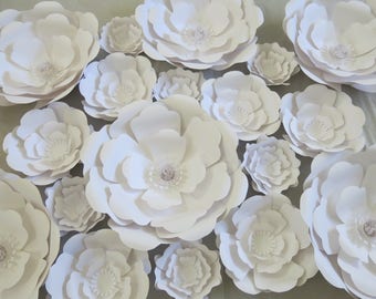 18 Giant Paper Flowers, White Wedding Flower Wall, Rose Nursery Decor Bridal Shower 3D Floral Background, 6-16" Huge Roses