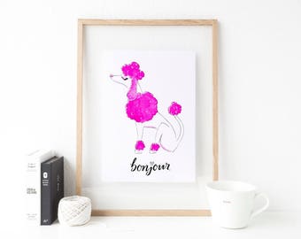 Standard Poodle || Poodle Print || Bonjour || Pink Print || French Quote || Pink Poodle || Cute Print || Girly Decor || Minimalist Print