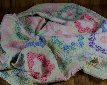 Vintage Multicolor Grandmother Flower Garden Quilt