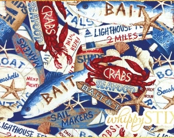 Nautical Fabric By the Yard, Seaside Escape by David Carter Brown Wilmington Prints, Marina Pier Crabs Lobster Fisherman Beach, Hard to Find