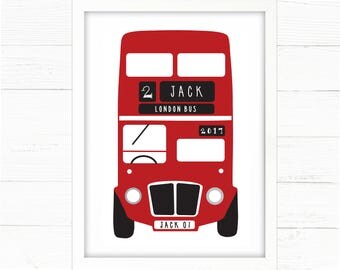 Boys Personalised London Bus Print. Nursery Decor, Wall Art, Transport, London Theme, Bedroom Decor, Custom Boys Name
