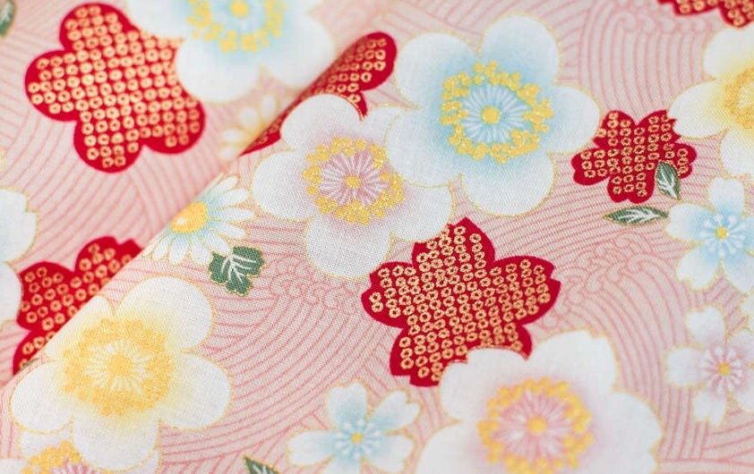 Japanese fabric by the half yard, flower fabric, pink fabric, japanese