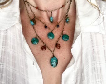 Genuine Kingman AZ turquoise, chrysacolla, red jasper, and red creek jasper necklace.