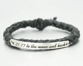 To the Moon and Back Bracelet, Special Date Bracelet, Engraved Bracelet, Leather Braided Bracelet, Gift for Daughter, Mom, Wife, Boyfriend