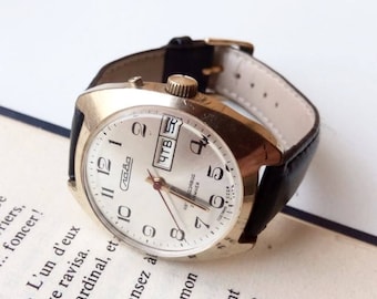 Vintage Watch Slava , Vintage men's watch, Soviet mechanical watch, eather mens watch,simple mens watch, Gold Platted watch,watch USSR,