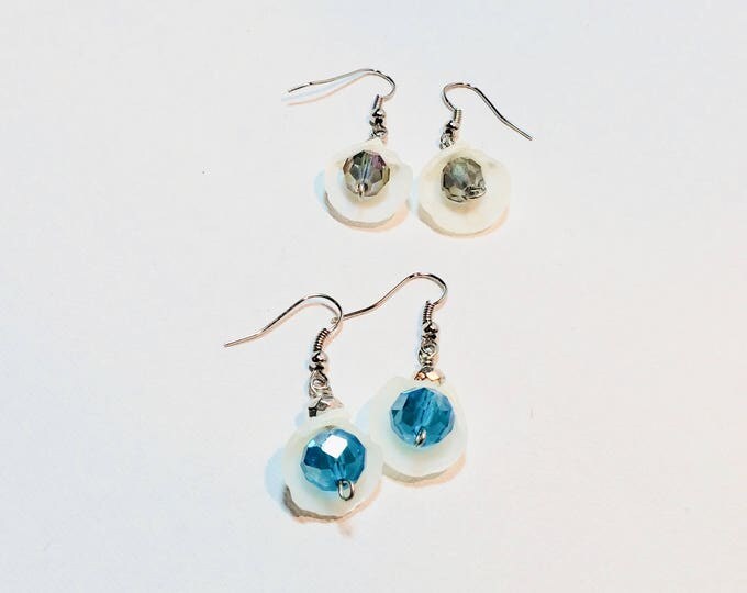 Two pair of cute real shell and bead earrings - blue and green - wire hooks