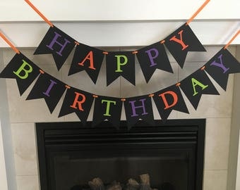 Halloween Birthday Banner, Halloween Party, Black Banner, Orange, Green, Purple, Happy Birthday Banner, Halloween Party Banner