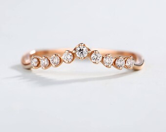 Curved wedding band Rose Gold Diamond Ring women Unique Dainty Simple Chevron Delicate promise Stacking Minimalist Anniversary Matching band