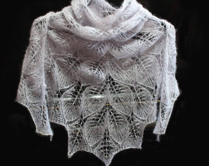 Knitted shawl, gray shawl, wedding wrap, knit shawl with beads, knit scarf, bridal shawl, mohair shawl, openwork scarf, handknit shawl,wrap