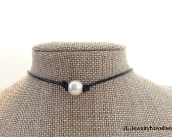 Leather Pearl Choker Leather Pearl Necklace by JL Jewelry & Novelties