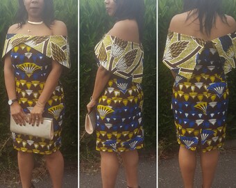 Custom Offshoulder Structured African Print Dress ( Occasions, Weddings, Red Carpet )