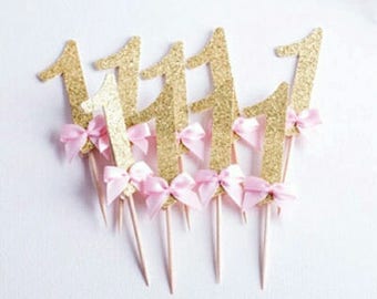 First Birthday Cupcake Topper Pretty Gold and Pink for Birthday Cakes or Cupcake - Pkt 10