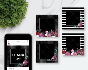 8 Blank Social Media Frames (JPEGS) | Black and White | Stripes | Polkadot Floral Instagram Frames | Add Your Own Text | Instagram