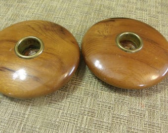 Myrtlewood Candle Holders ~ Disc Shaped Taper Candlesticks Myrtle wood Oregon Coast Hand Crafted Mid Century Danish Modern Simple Home Decor