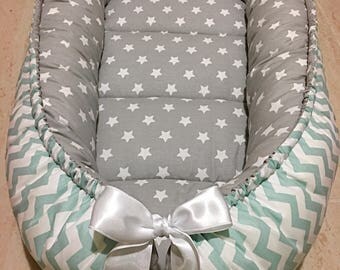 Babynest Gray & Mint Baby Nest Green Zig Zag White Stars Double Side Newborn Organic Cotton Cocoon Baby Boy Baby Girl Co Sleeper Positioner