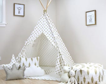 Polka Dot White Gold teepee, kids teepee tent, childrens teepee, teepee play tents, teepee bedroom, play teepee, teepee play tent