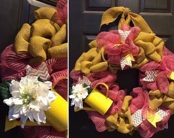 Pink & Mustard Burlap Water Pail Wreath