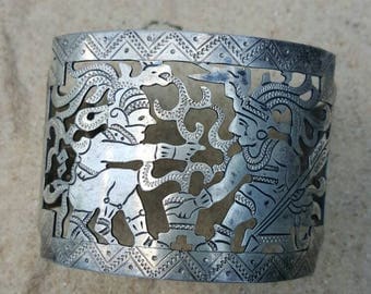 Vintage Silver Cuff Bracelet Mayan Warriors with Quetzal headrest, from Guatemala