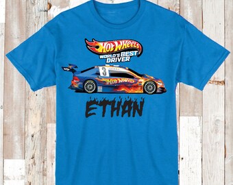 Hot Wheels Tee Tees T-Shirt With Custom Name Cars Hot Wheels Shirt Race Car Flames On Onesies Boys Car Birthday Shirt Bibs and Tees, bb60