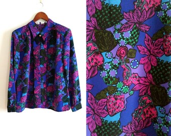 secretary blouse, tie neck blouse, 1970s blouse, floral blouse, pleated blouse vintage purple blue blouse long sleeve top women's large