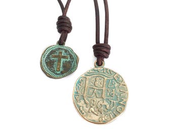 Mens Necklace Leather Cross Pendant Religious Necklace Catholic Necklace Cross Jewelry for Men Jewelry Green Patina Necklace Copper Necklace