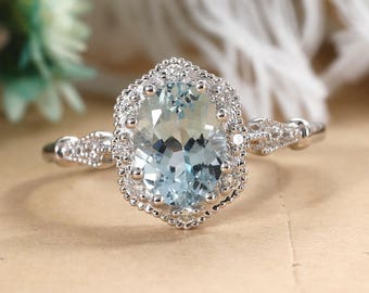 Aquamarine engagement ring white gold Vintage Alternative Art deco Oval cut Unique Diamond wedding women Antique Stacking Milgrain gift