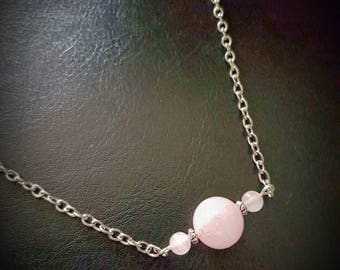 ROSE QUARTZ triple sphere bead-bar necklace. chain/silver/gemstone/love/healing/pagan/wicca/crystal/protection