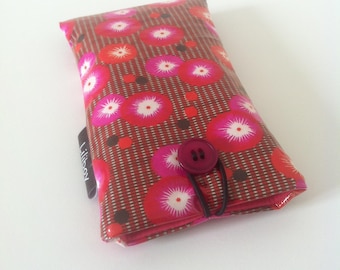 étui téléphone ou lunettes "fleurs japonaises" en coton enduit rouge/orange/rose
