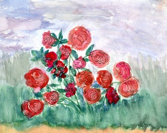Impressionist Watercolor Greetings Card: Helie's Garden, Cabbage Roses | JackieSMontagueArt