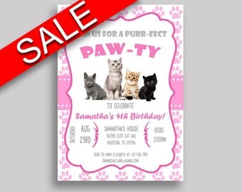 Cat Birthday Invitation Cat Birthday Party Invitation Cat Birthday Party Cat Invitation Girl kitten paw, kitty, digital download INHA8