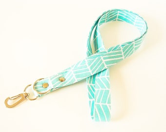 Aqua and White Lanyard, Fabric Lanyard, Work ID Holder, Key Lanyard, Teacher Lanyard, Key Card Lanyard, ID Badge Holder, Made To Order