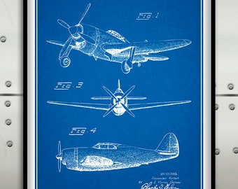 1944 P-47 Thunderbolt Fighter Patent Print, Aviation Art, Pilot Gift, Fighter Plane, WWII, Aviation Decor, Military Art, Military Gift, USAF