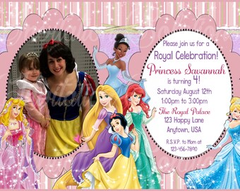 Disney Princess Birthday Invitation with Childs Photo/ 6 Different Princesses and Your childs Photo Custom invitation