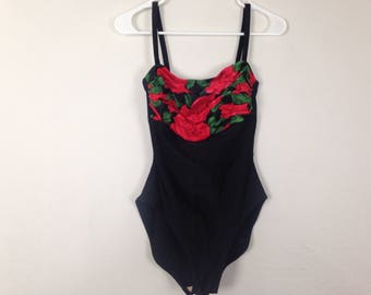 Red floral and black one piece swimsuit size L