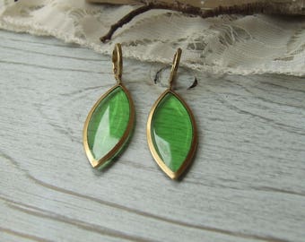 Green earrings * sheer * Golden brass - handmade