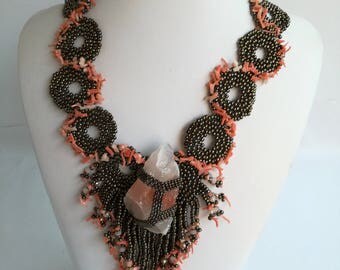 Freeform necklace crafted with calsite gemstones and mediterannean corals