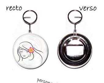 badge with bottle opener Keychain 58mm, young woman with Hibiscus flowers, pretty fleurs(possibilité rajouter un prenom) back