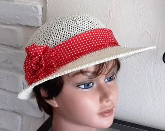 Hat Cap summer straw ivory paper, red headband with polka dots