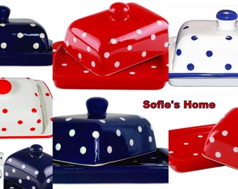 Hand Painted Ceramic Butter Dish With Lid white and red hand painted polka dot pattern