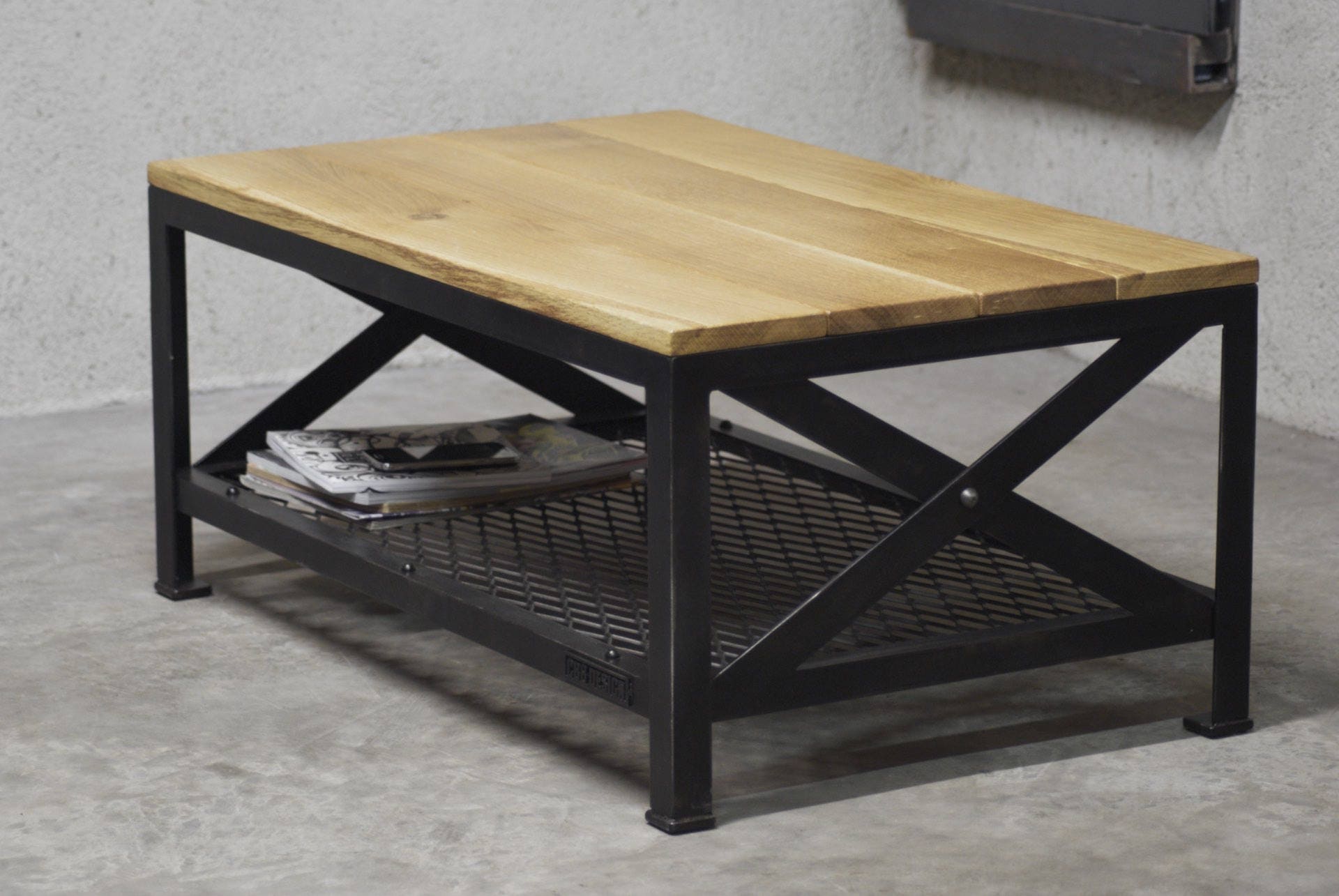 Table basse industrielle Acier & Chêne Modèle Brooklyn