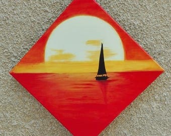 Contemporary painting of a sailboat at sunset