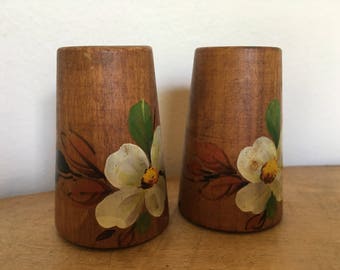 Wooden salt and pepper shakers. Hand painted flowers