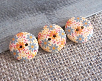 5 x buttons 20MM wooden flower pattern printed