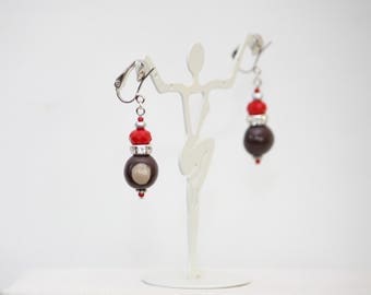 Red and Gray College Team Colors Clip On Dangle Earrings, with Handmade Clay Buckeyes Seeds.