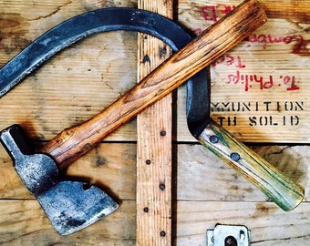 Vintage Carpenter's Axe and Hand Sythe Sickle