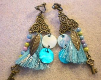 BO CLIPS celtique "Pompon turquoise" sur support bronze