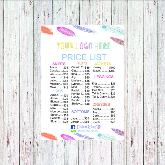 Custom Price List Card. Can Customize. PRINTED