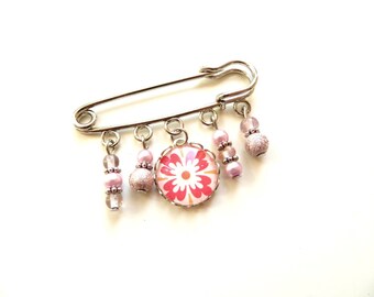 Pink mandala Silver Flower brooch